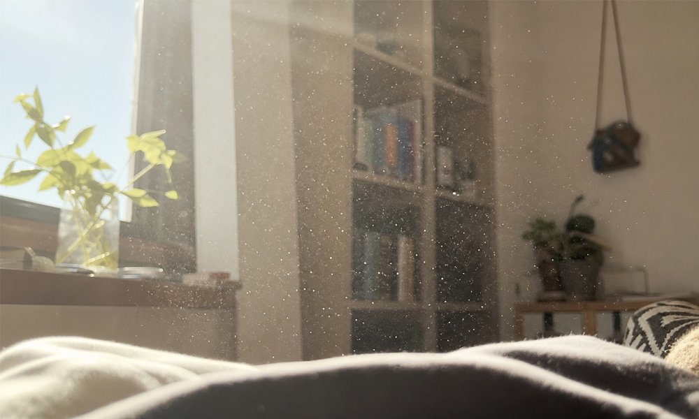 Fine smoke and dust particles hanging in the air of a sunlit living room