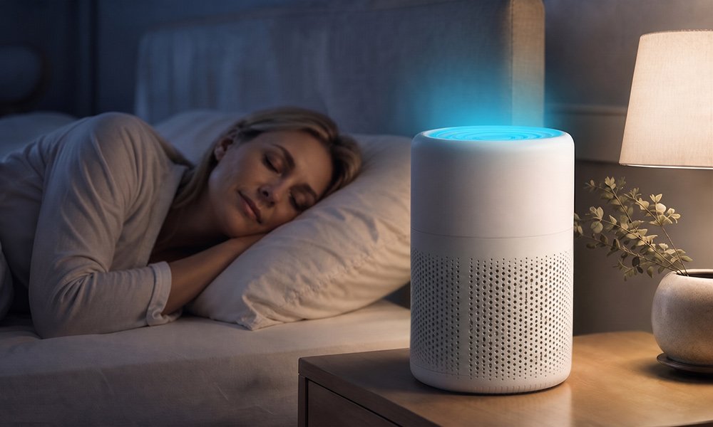 Coolizi PureAir Pro air cleaner running on a bedside table at night