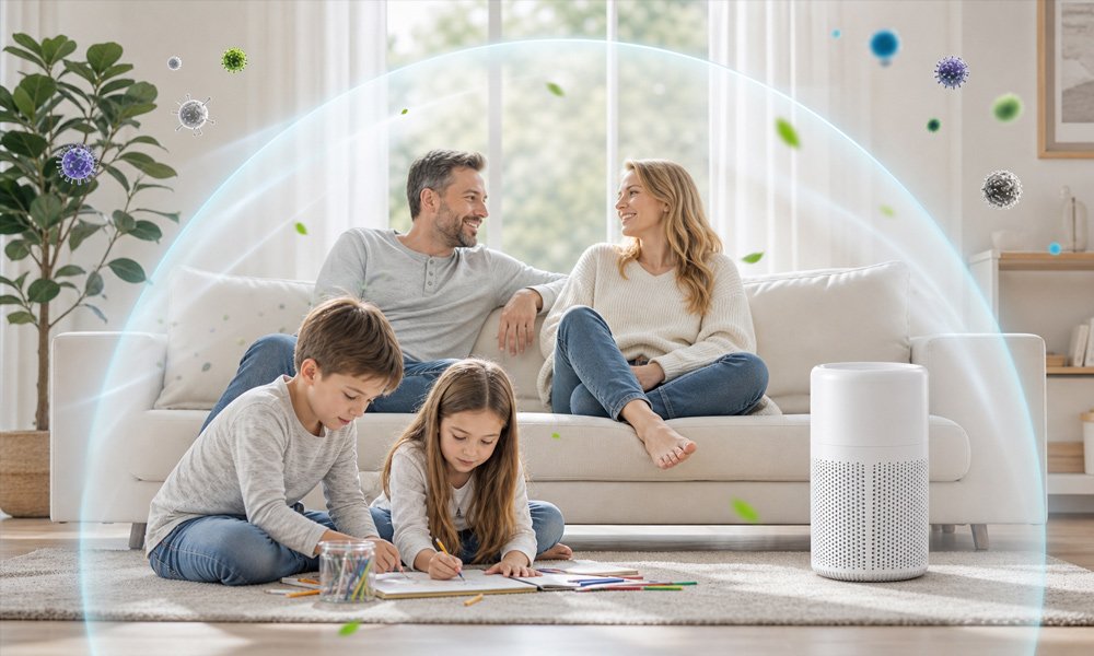 Family in a living room with the Coolizi PureAir Pro air cleaner running