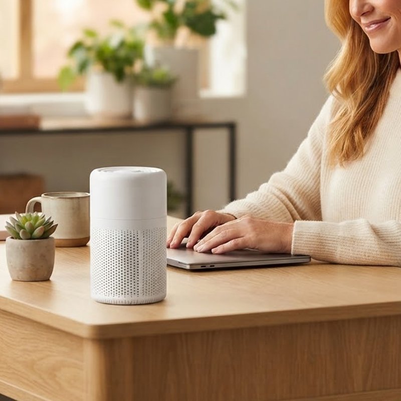 Coolizi PureAir Pro air cleaner running on a home-office desk