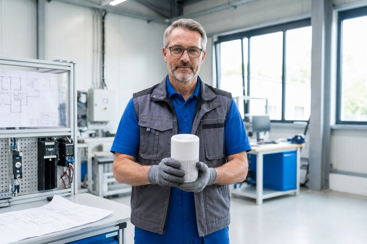 Canadian engineer holding the Coolizi PureAir Pro air cleaner