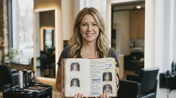 Toronto hairdresser holding her client notebook in her salon