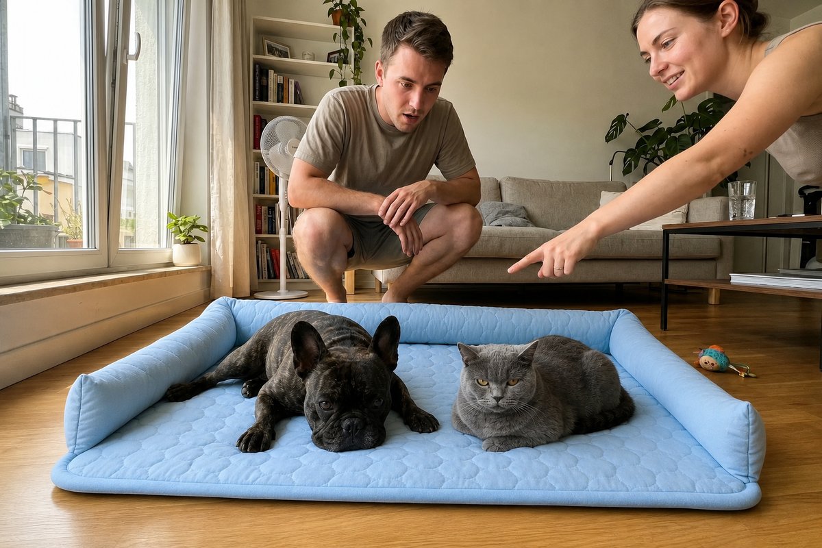 Couple showing a cooling pet bed to their French bulldog and cat sharing it