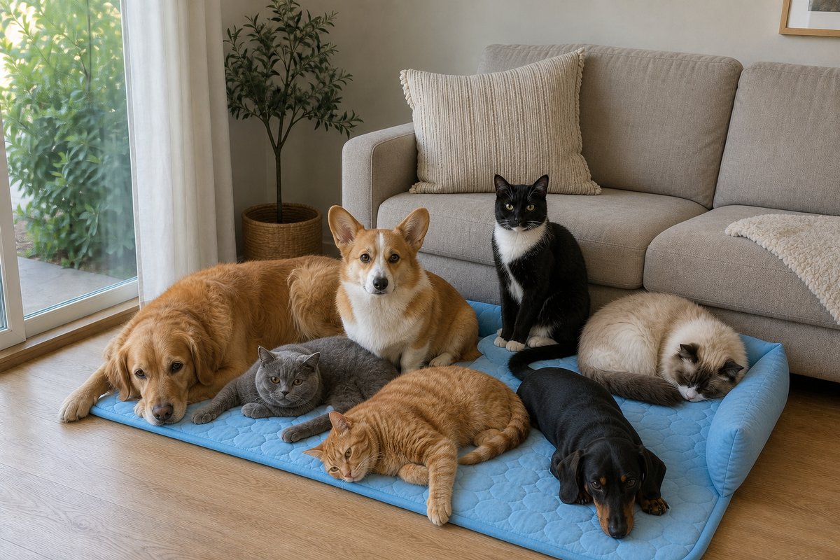 Seven dogs and cats resting together on a Petlori cooling pet bed