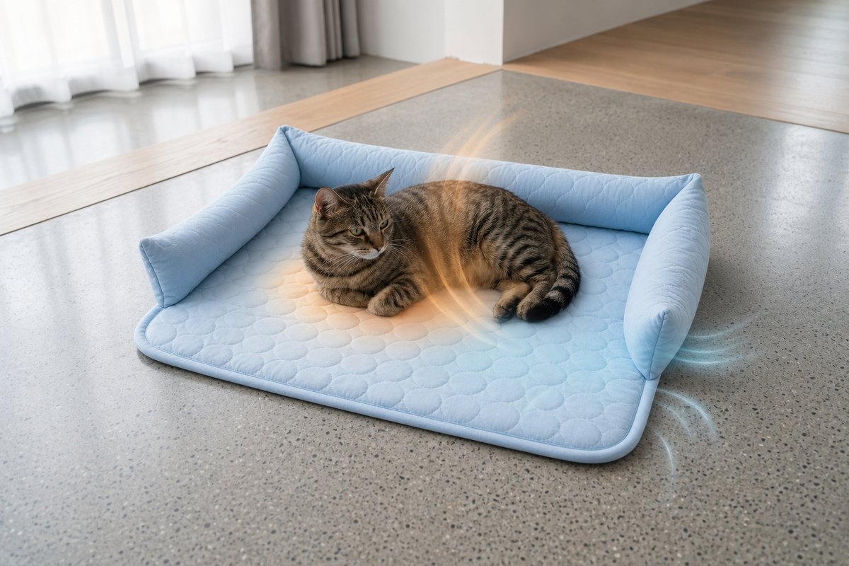 Diagram of a Petlori cooling pet bed drawing heat away from a resting cat