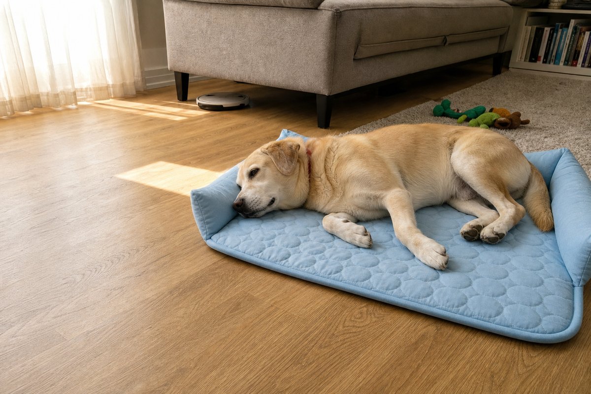 Labrador asleep on a Petlori cooling pet bed in a living room