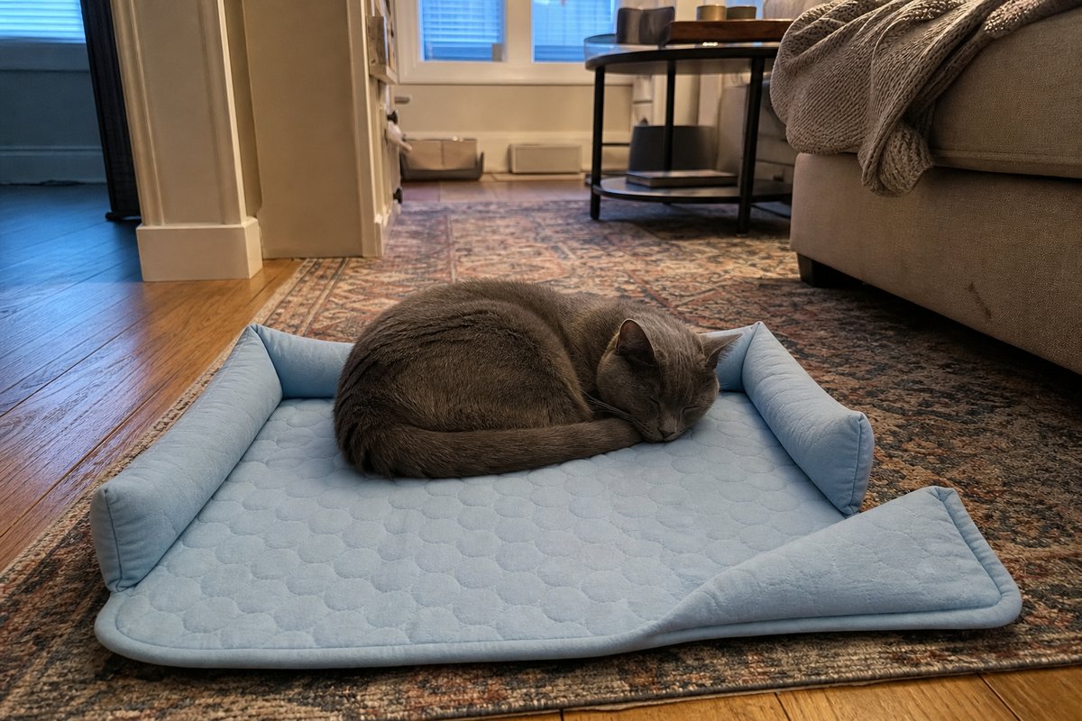 Grey cat asleep on a Petlori cooling pet bed in a living room
