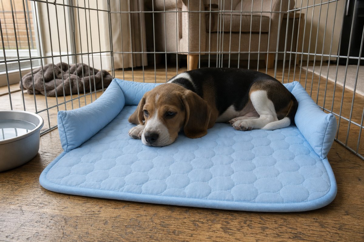 Beagle puppy resting on a Petlori cooling pet bed inside its crate
