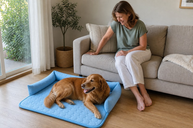 Dog resting on a cooling bed at home while its owner relaxes nearby