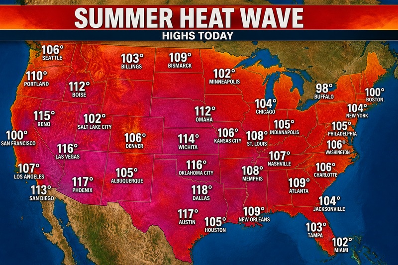 US summer 2026 heat forecast — record temperatures across America