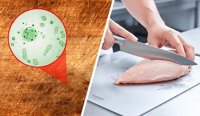 Magnified bacteria on a scored wooden board next to raw chicken being cut on a Vanotium board