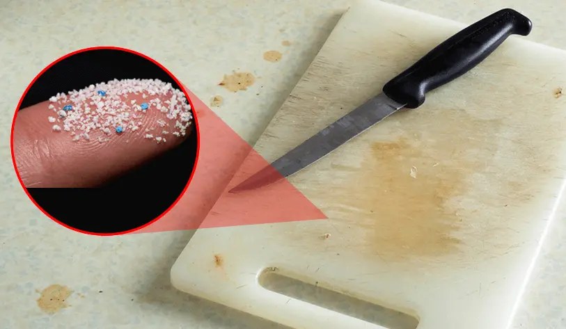 Scratched plastic cutting board beside a magnified view of microplastic particles on a fingertip