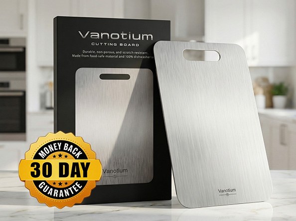 Vanotium cutting board next to its retail box with a 30-day money-back guarantee badge