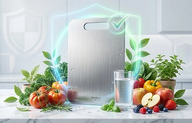 Vanotium titanium cutting board standing on a kitchen counter with fresh produce